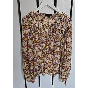 Sanctuary Brown Yellow Floral‎ Sheer Chiffon Long Sleeve Blouse Smocked S Boho